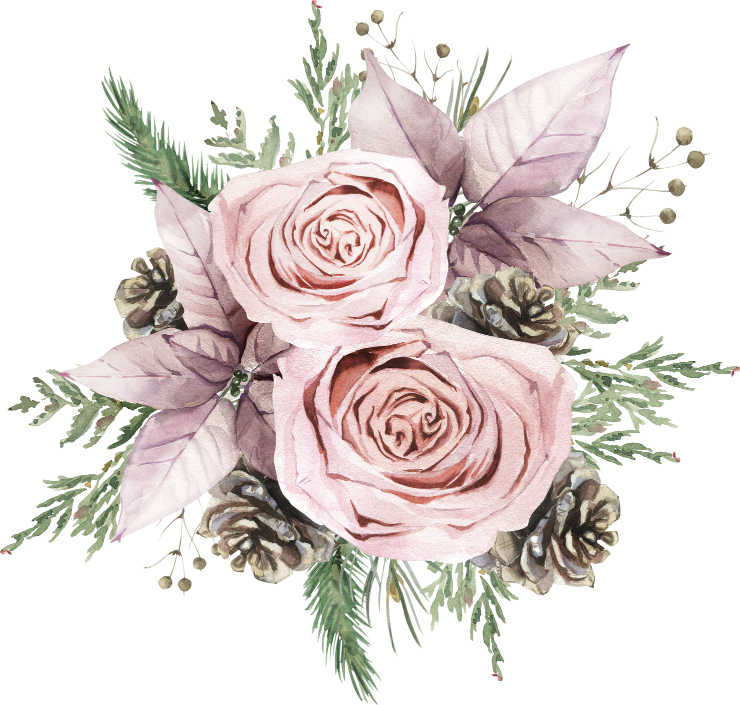 Watercolor Hand Drawn Winter Plants, Roses and Poinsettia Flower Bouquet